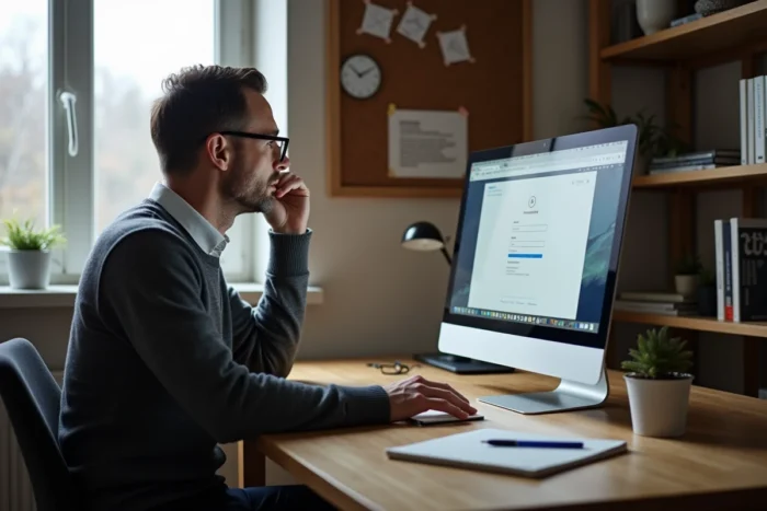 Professeur connecté à son espace messagerie académique depuis son domicile avec un guide imprimé à côté