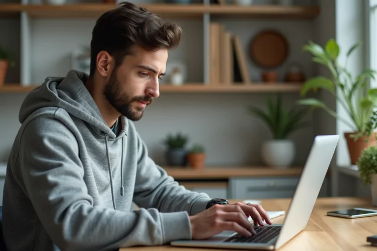 Homme accédant à un site internet sur son ordinateur portable depuis son bureau à domicile