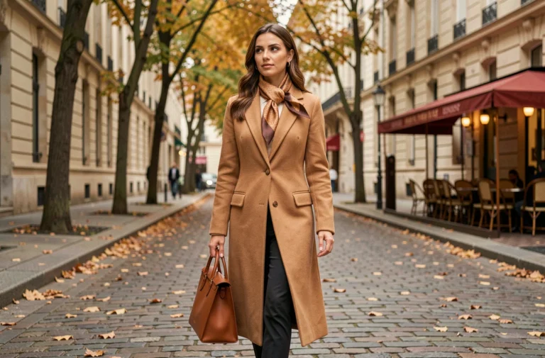 Femme élégante portant un manteau camel, un foulard en soie et un sac en cuir cognac dans une rue parisienne en automne