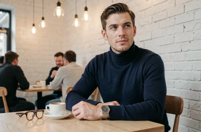 Homme élégant dans un café moderne avec une montre argentée, des lunettes écaille et un pull col roulé marine