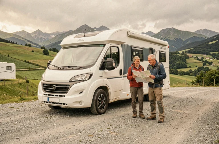 Aire de camping-car à Dancharia avec couple et camping-car blanc garé dans un paysage de collines basques
