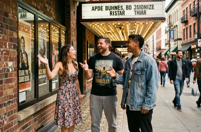 Groupe d'amis devant un cinéma vintage découvrant les nouveautés culturelles et les films à l'affiche