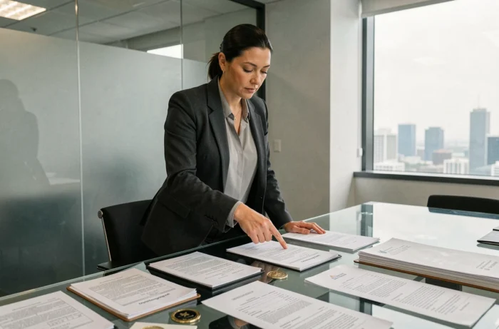 Femme d'affaires analysant des documents officiels d'enregistrement de société dans une salle de conférence