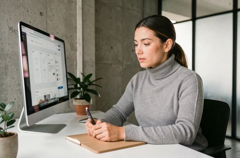 Développeuse web analysant les performances d'un site internet sur un grand écran dans un bureau moderne minimaliste