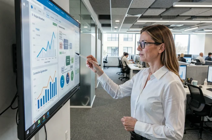 Analyste financière examinant des données corporatives et des diagrammes organisationnels sur un écran numérique