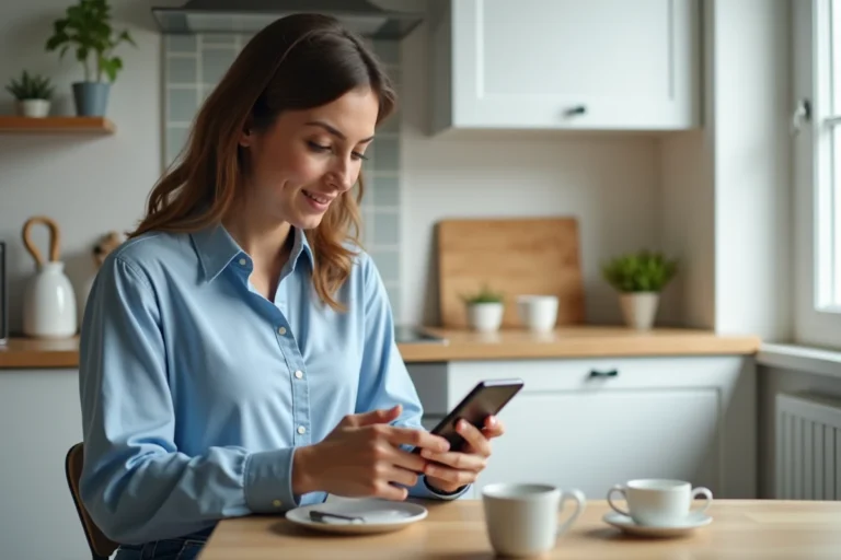 Femme annulant un rendez-vous Carglass sur son smartphone depuis sa cuisine