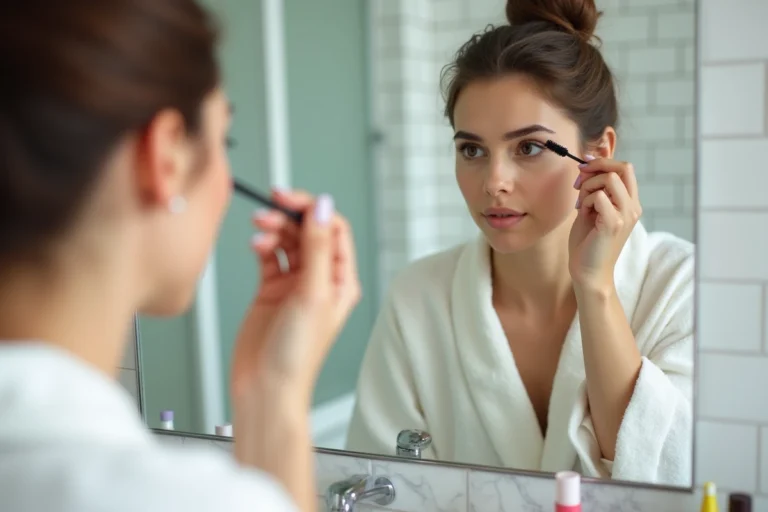 Jeune femme appliquant du mascara devant son miroir de salle de bain lors de sa routine beauté matinale