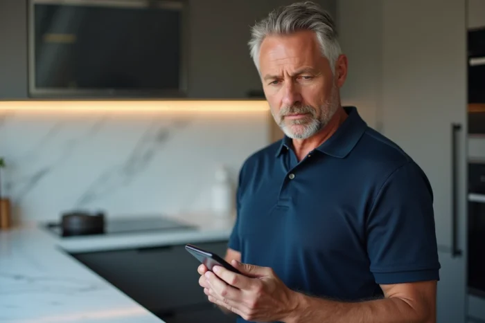 Homme utilisant l'application Amazon sur smartphone pour gérer et archiver ses commandes