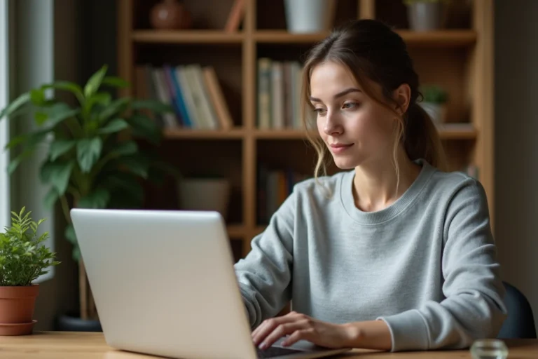 Femme consultant son historique de commandes Amazon sur un ordinateur portable dans un bureau à domicile