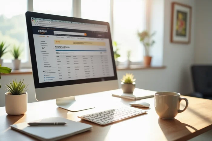 Bureau organisé avec écran d'ordinateur affichant la page des commandes Amazon et un carnet de notes