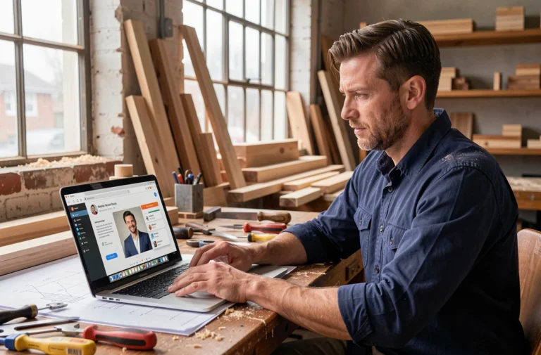 Artisan charpentier utilisant un ordinateur portable pour gérer sa présence professionnelle en ligne dans son atelier