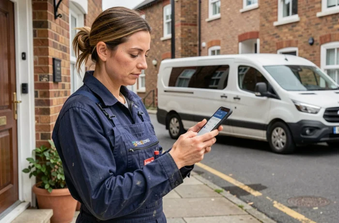 Plombière consulte une application professionnelle sur smartphone devant son véhicule de travail en milieu urbain
