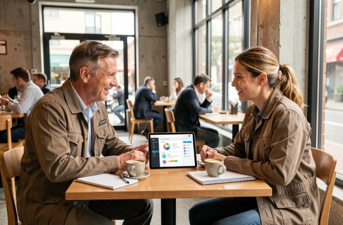 Deux artisans discutent de leur stratégie de connexion professionnelle autour d'une tablette dans un café moderne