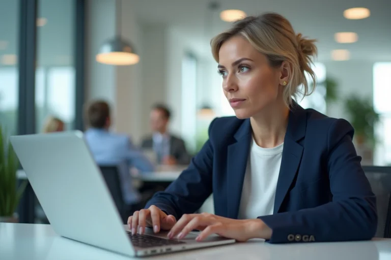 Femme professionnelle en blazer marine se connectant à un webmail sécurisé sur un ordinateur portable dans un bureau moderne