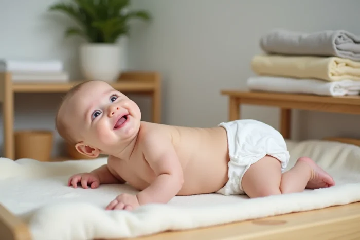Bébé souriant allongé sur une table à langer portant une couche Pampers dans une chambre de bébé style scandinave