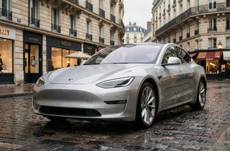 Berline électrique 2024 garée sur un boulevard parisien sous la pluie, reflets sur la carrosserie métallique argentée