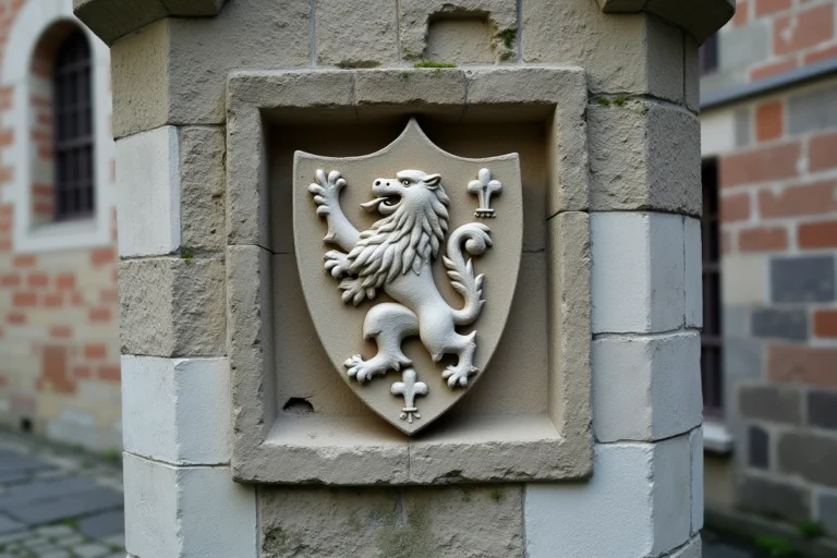 Blason médiéval sculpté en pierre calcaire représentant une fleur de lys et un lion héraldique sur une façade flamande à Lille