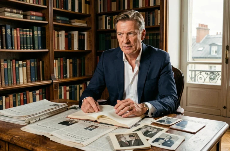 Journaliste politique assis à son bureau parisien entouré de livres et de photos de famille, illustration des origines de Bruno Jeudy
