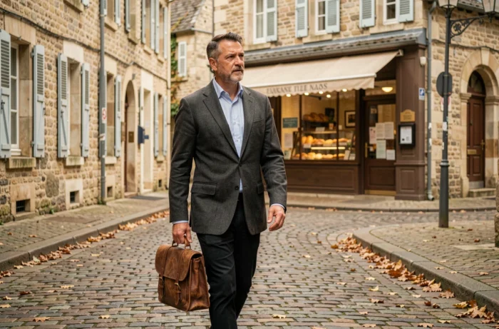 Homme marchant dans une rue pavée d'une ville de province française, symbolisant les origines régionales et l'ancrage familial de Bruno Jeudy