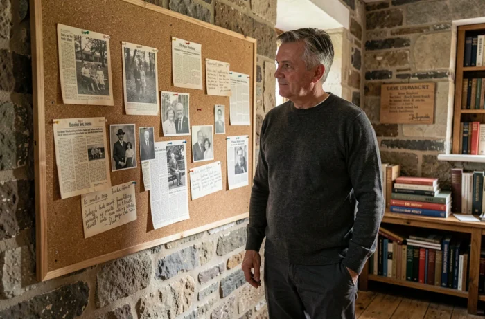 Analyste politique contemplant un tableau de coupures de presse et de portraits familiaux anciens, évoquant les racines et l'héritage de Bruno Jeudy