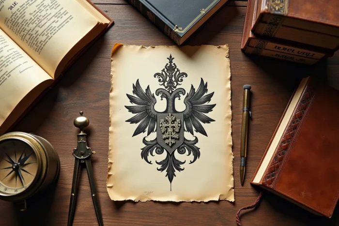 Vue aérienne d'un bureau d'historien avec des livres héraldiques, un croquis du blason de Lille et des documents anciens