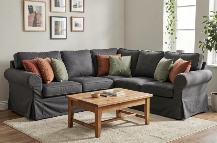 Salon cosy avec un canapé d'angle en housse grise anthracite bien ajustée et des coussins colorés