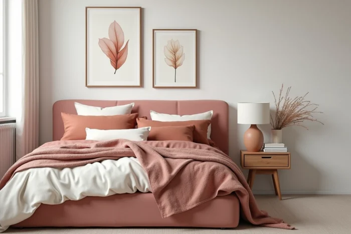 Chambre tendance avec tête de lit en lin rose poudré, linge de lit superposé et mur de cadres botaniques