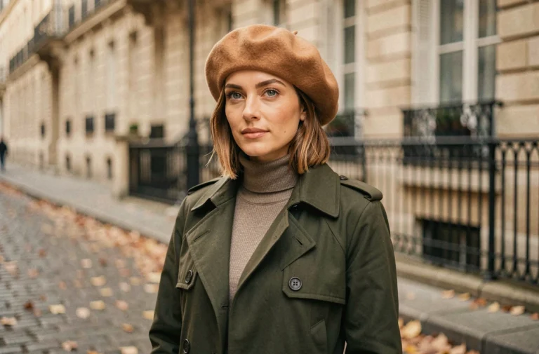 Femme portant un béret en laine camel oversized dans une rue pavée parisienne en automne, illustrant les tendances de chapeaux d'hiver 2024