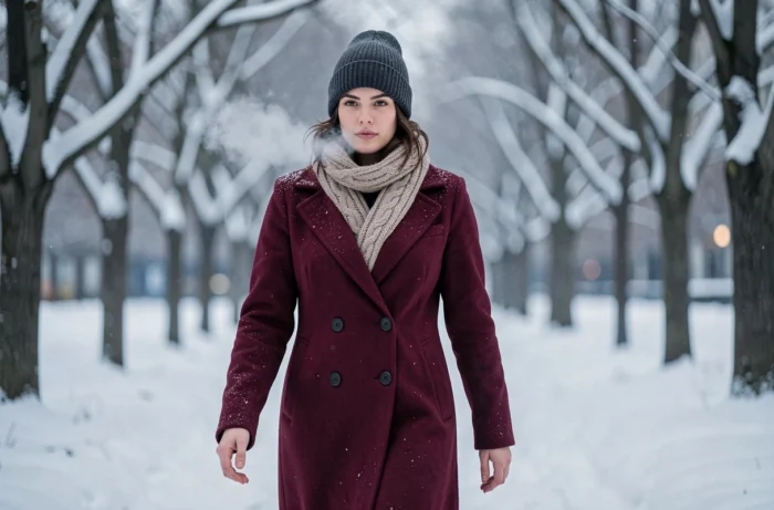 Jeune femme portant un bonnet en maille gris anthracite dans un parc enneigé en hiver, tendances chapeaux et bonnets femme hiver 2024