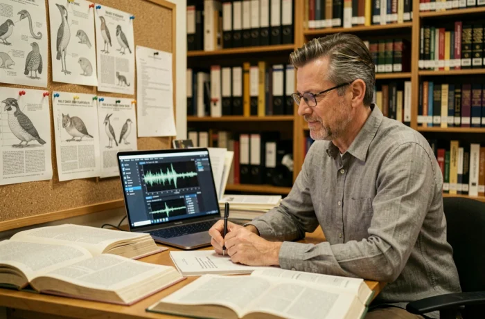 Chercheur en bibliothèque universitaire analysant des spectrogrammes de vocalisations animales pour comprendre la communication