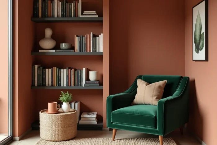 Coin lecture cosy avec fauteuil velours vert, bibliothèque intégrée et accessoires déco en céramique