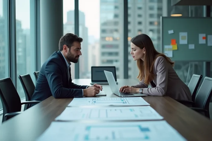Deux professionnels collaborant sur la conception d'un site web professionnel avec wireframes dans une salle de réunion moderne