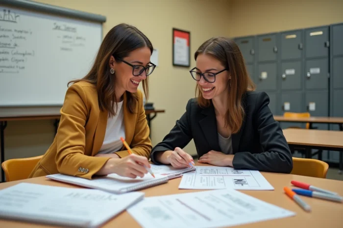Deux enseignantes collaborant sur la préparation de la fiche classe de rentrée 2026 dans une salle des professeurs