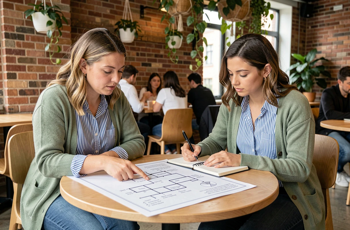Deux femmes entrepreneures collaborant autour d'un plan de site imprimé dans un espace de coworking moderne