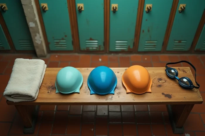 Collection de bonnets de bain latex silicone et filet posés sur un banc dans les vestiaires d'une piscine historique parisienne