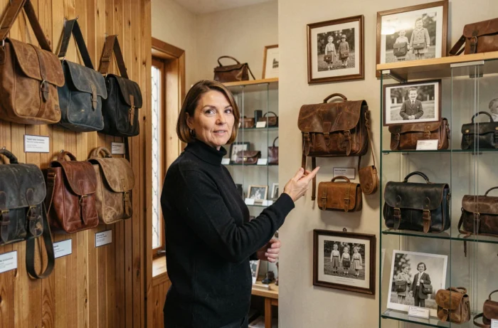 Collectionneuse présentant sa salle d'exposition privée dédiée aux cartables et sacs scolaires anciens, univers de l'hagietomamophilie