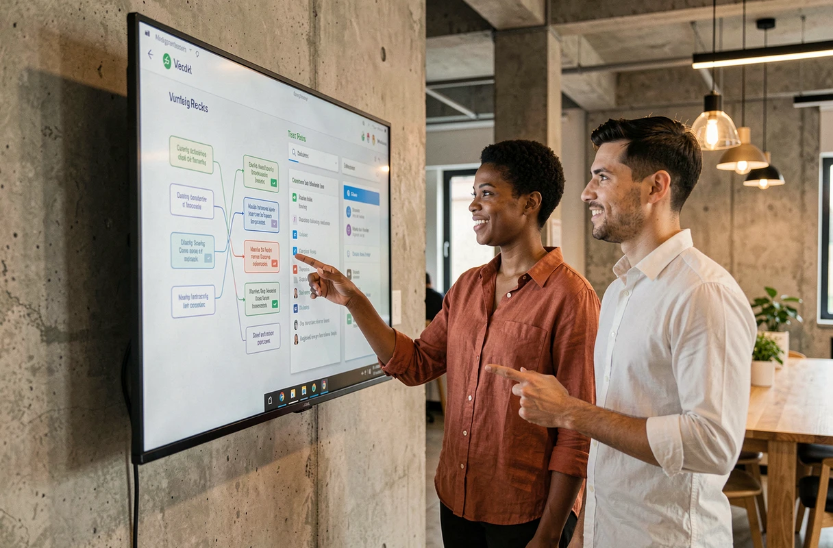 Deux collègues analysant ensemble le plan du site RDV Pro sur un écran mural dans un espace de coworking