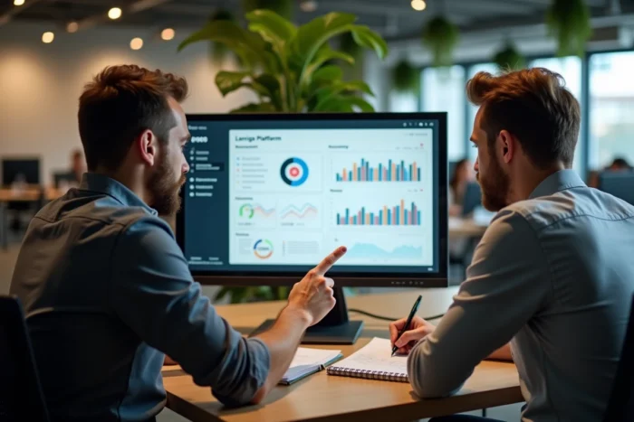 Deux collègues analysant des revenus générés en regardant des vidéos sur un écran d'ordinateur dans un espace de coworking