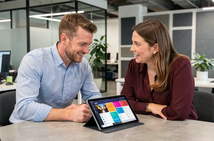 Deux collègues discutant des nouveautés Android sur une tablette dans un bureau moderne et collaboratif
