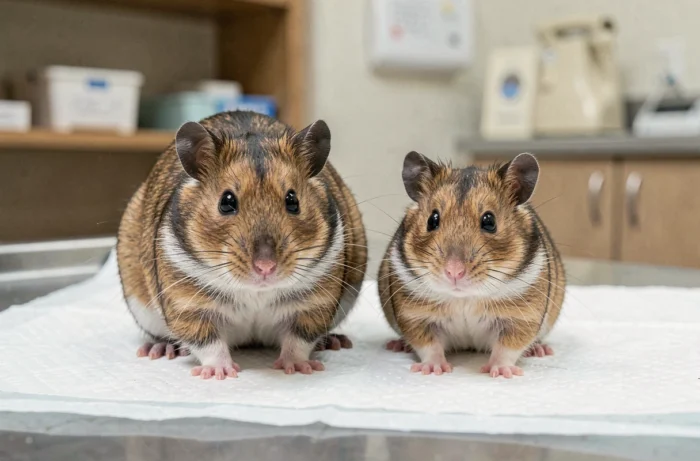 Comparaison côte à côte d'un hamster mâle et femelle sur une surface vétérinaire