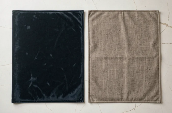 Comparaison de deux housses de canapé en velours bleu marine et en lin taupe sur fond blanc