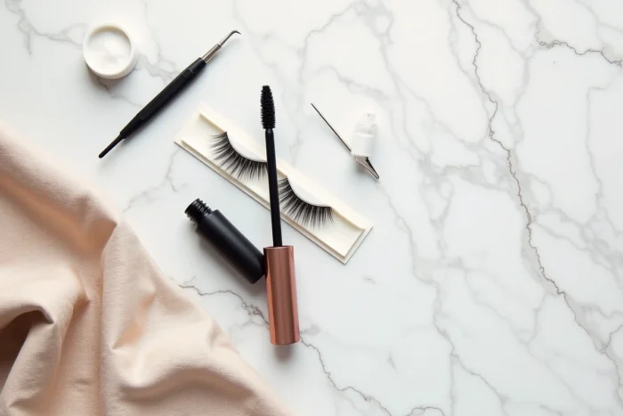 Comparaison visuelle entre mascara et ricil : produits et outils de beauté pour les cils disposés en flat lay sur marbre