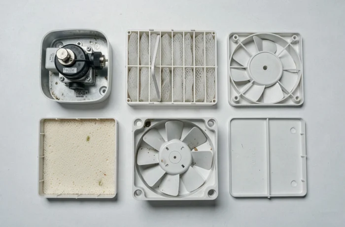 Composants internes d'un rafraîchisseur d'air démonté disposés sur une table d'atelier blanche