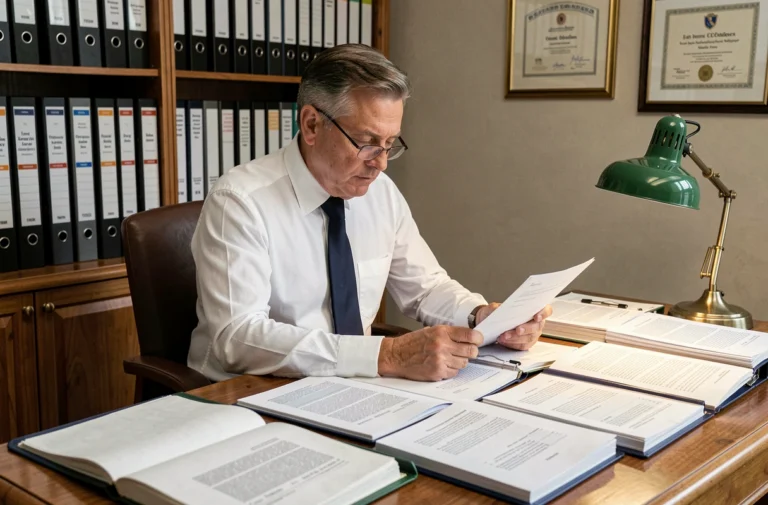 Comptable examinant des registres officiels d'entreprise dans un bureau d'archives professionnelle