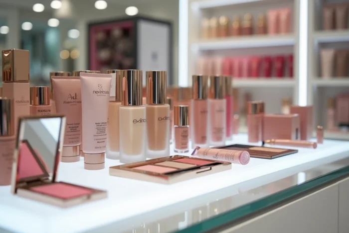 Comptoir de vente de produits de maquillage dans un magasin de beauté avec palettes, fonds de teint et gloss de différentes marques disposés soigneusement