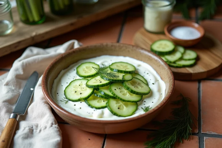 Salade de concombre à la crème fraîche et à l'aneth dans un bol en céramique rustique sur un comptoir de cuisine française