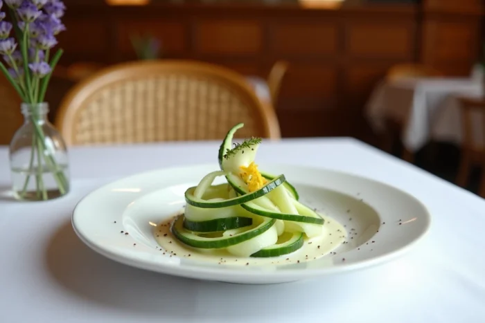 Présentation gastronomique du concombre à la crème dans une brasserie française traditionnelle sur nappe blanche