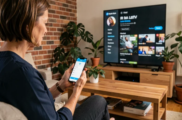 Femme configurant la connexion WiFi pour un service IPTV sur smartphone avec la télévision en arrière-plan
