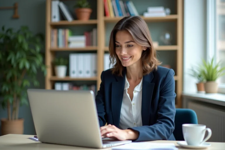 Enseignante se connectant à la messagerie académique de Strasbourg sur son ordinateur portable dans un bureau administratif
