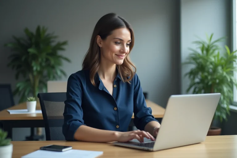 Femme professionnelle se connectant à un portail web institutionnel depuis son bureau en open space